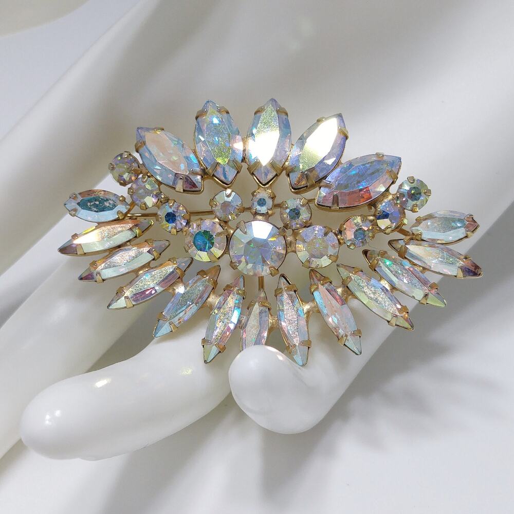 Vintage AB Rhinestone Floral Spray Brooch Gold Tone Mid Century